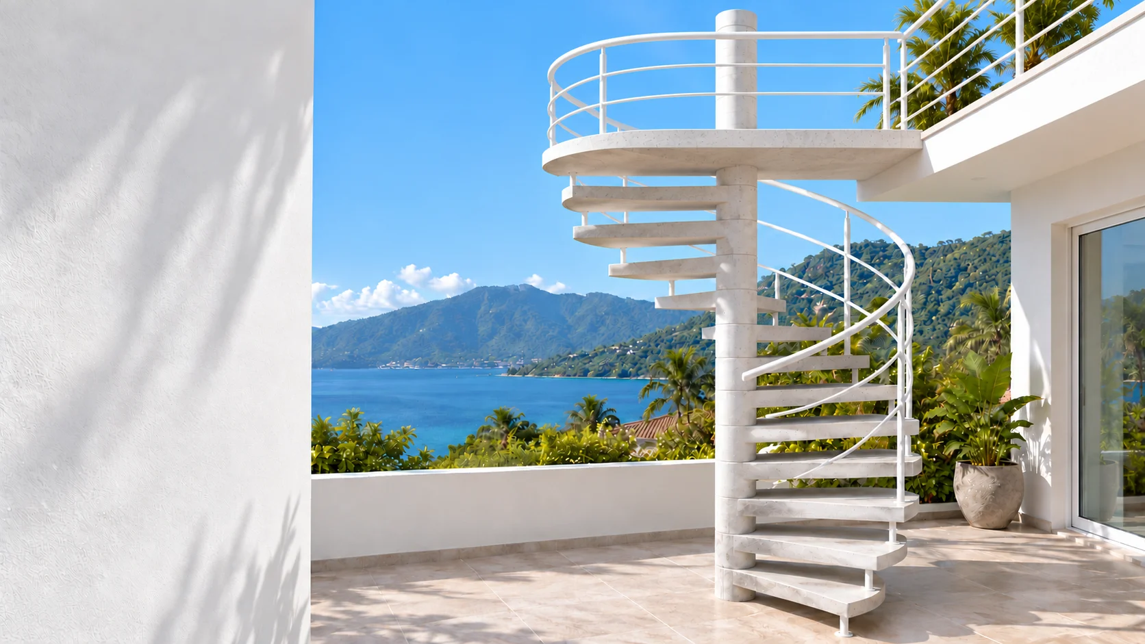Imagem ilustrativa criada com IA: escada caracol de concreto com coluna central, degraus em espiral e acesso à varanda, em cenário inspirado em Ilhabela